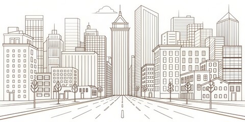 Fototapeta premium Cityscape Skyline Line Drawing - Buildings, Urban, Architecture, Streetscape, City