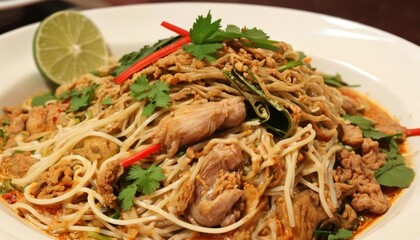  Delicious Asian noodle dish with meat and herbs