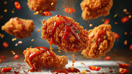 Fototapeta premium Spicy Crispy Fried Chicken: Savory and Hot Flavor that Tempts Your Taste Buds