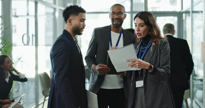 Networking, handshake and business people at onboarding seminar with opportunity, meeting or b2b deal. Introduction, men and woman shaking hands, welcome and connect at conference for company growth