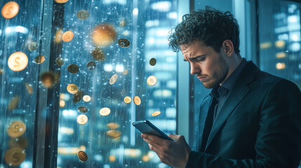 A man in a suit using smartphone despairs with floating digital money coins illuminated by light beams, symbolizing cryptocurrency fall and digital finance.