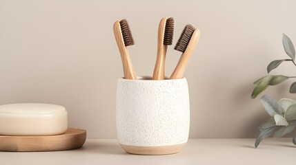 Naklejka premium Wooden brush holder with hand-carved details, rustic charm meets practicality, offering a decorative solution for compact storage