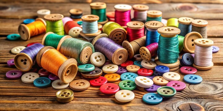 Colorful Threads and Buttons on Rustic Wood, Sewing , Craft , Vintage , DIY