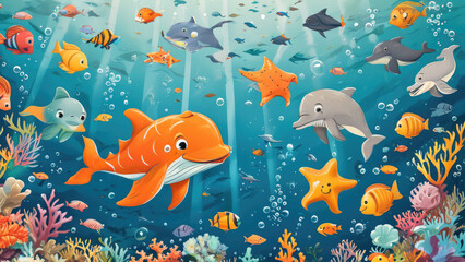 Naklejka premium Versatile Cover Design Featuring Sea Animals: Elegant and Refreshing Theme