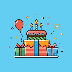 Birthday Party Illustration with Gift Boxes and Cake
