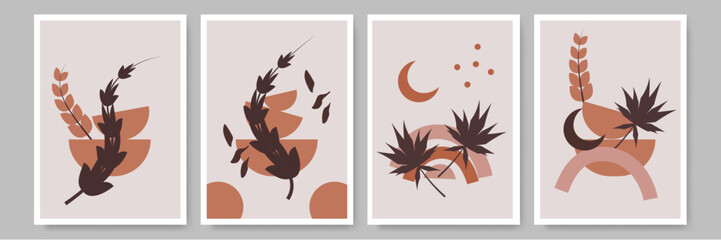 abstract botanical posters vector illustration. Botanical elements and geometric shapes, utilizing a palette of earthy tones and minimalist design