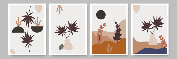 abstract botanical posters vector illustration. Minimalist botanical art prints featuring abstract plants and earthy colors for modern decor