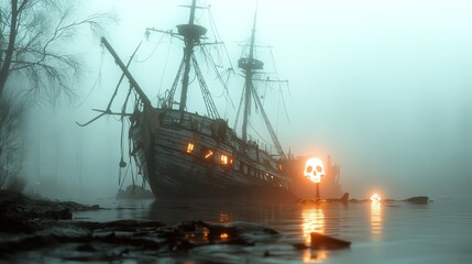 Fototapeta premium 4 Haunted pirate shipwreck, glowing undersea, ghostly lights, Watercolor style