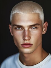 Fototapeta premium A young man with a shaved head and blue eyes