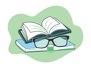 Open Book with Glasses Set Against a White Background