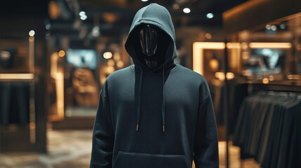 Mock up replica hoodie in stainless steel mannequin standing in luxurious shop.