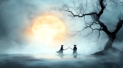 Fototapeta premium 16 Ghostly pirate duel, swords clashing in moonlight, haunted forest, Watercolor style