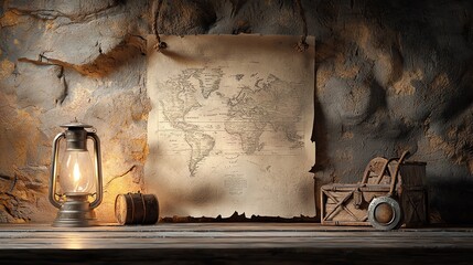 18 Ghostly pirate captain's quarters, dim lantern light, ancient map, Watercolor style