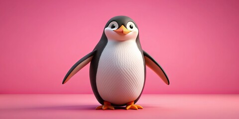 Obraz premium Cute Penguin on Pink Background, 3D Render, Cartoon Animal, Minimalistic, Pink Background, Penguin, Cartoon