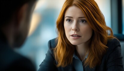Fototapeta premium A woman with red hair sitting in front of a man