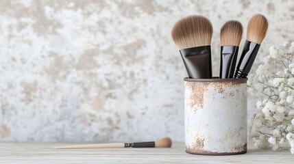 Industrial metal brush holder with rustic patina, placed on a vintage wooden desk, surrounded by antique decorations and scattered art supplies
