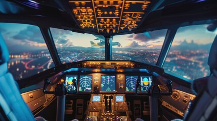 a flight simulator with realistic controls and virtual displays, representing training with cutting-edge airplane technology.