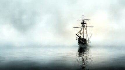Fototapeta premium 43 Ghostly pirate ship, emerging from the depths, eerie fog, Watercolor style