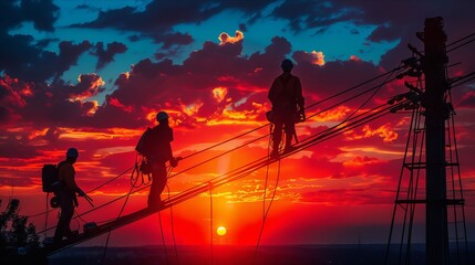 Fototapeta premium A group of men standing on top of a power line at sunset