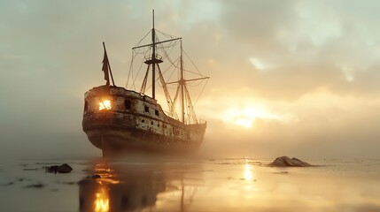 45 Abandoned pirate ship, glowing with cursed gold, eerie fog, Watercolor style