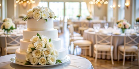 Elegant White Wedding Cake with Roses, Wedding Reception, Wedding Cake, White Roses, Wedding Decor