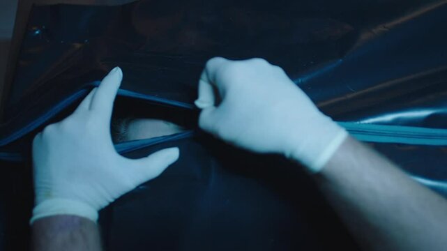 Mortician unzipping the bag with a body