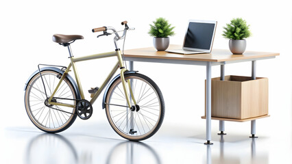 3D Icon as Bicycle and office desk concept as A bicycle paired with an office desk representing sustainable transportation and business productivity perfect for isolated vector designs on a white back