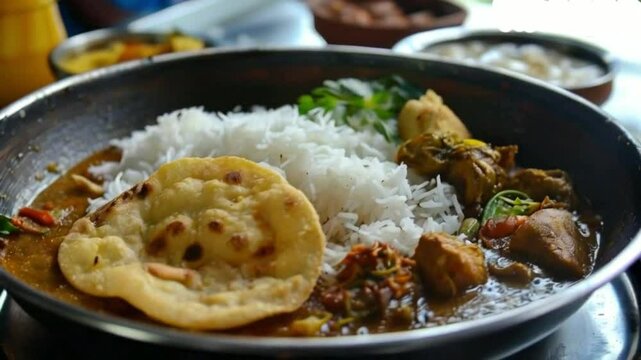 Appam, Hoppers and mutton stew Kerala breakfast food and Indian milk tea chai, christian breakfast India Sri Lanka Tamil Nadu 4K slow motion video footage fermented rice pan cake. Indian veg High qual