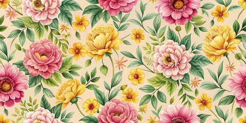 Floral Watercolor Seamless Pattern Pink and Yellow Flowers on Beige Background, seamless pattern, watercolor, floral design, botanical illustration , floral wallpaper, botanical pattern