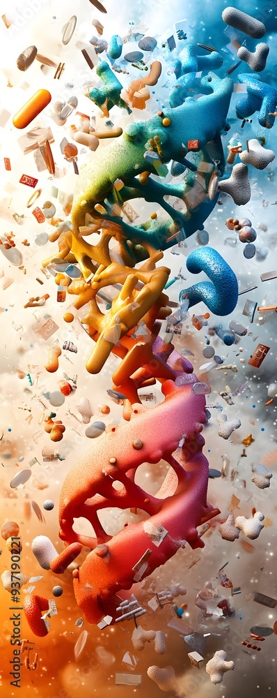 Poster abstract colorful dna structure with debris.