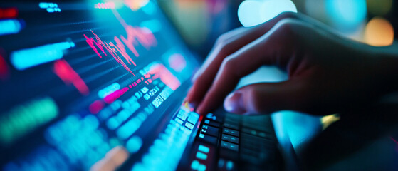 Closeup hand using computer monitoring stock prices investment