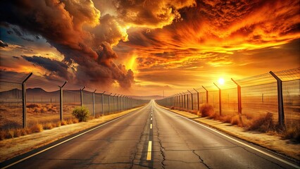 Obraz premium A deserted, worn asphalt road stretches into the fiery horizon, lined with worn fences and fiery Orange hues, evoking a sense of desolation and turmoil.