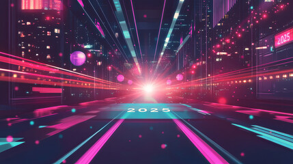 2025 New Year written in a highway style of colorful lights, celebrating a happy new year