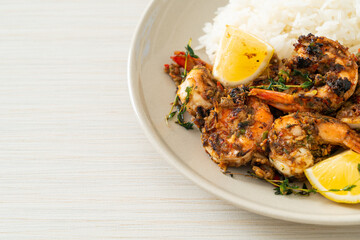 jerk shrimps or grilled shrimps in Jamaica style with rice