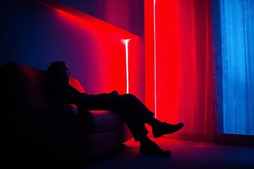 A person sitting on a couch in a dark room with red and blue lights