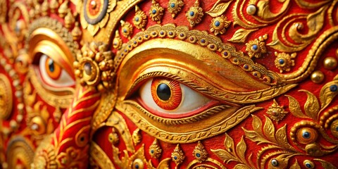 Fototapeta premium Golden Eye of Thai Deity, Carved Wood, Red Gold and Blue, Close Up, Thailand, art, culture