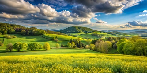 Fototapeta premium Golden Fields Under Cloudy Skies, Landscape Photography, Rolling Hills, Green Meadow, Yellow Flowers, ,
