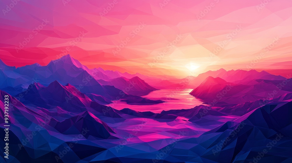 Sticker Stunning Sunset Over Mountains and Lake in Low Poly Style - A captivating low poly illustration of a vibrant sunset over a mountain range and a winding lake, symbolizing tranquility, nature's beauty, 