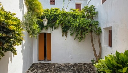  Charming alleyway with white walls and lush greenery