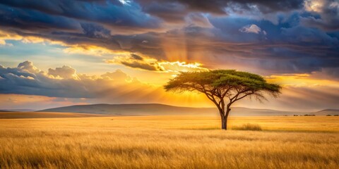 Obraz premium Golden Hour Savanna with Lone Acacia Tree, Landscape, Sunset, Africa, Nature
