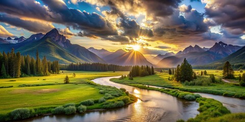 Golden Hour Serenity Mountain Valley River, Sunset, Golden Light, Peaceful, Nature, Landscape