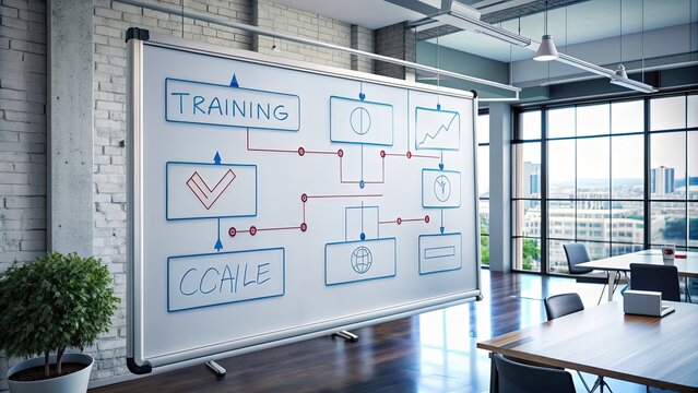 A futuristic whiteboard displays a flowchart connecting business goals to learning objectives, emphasizing the importance of a thorough training needs analysis.