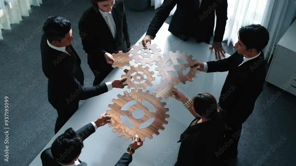 Poster top view of smart business people gather wooden cog together at meeting. group of project manager he