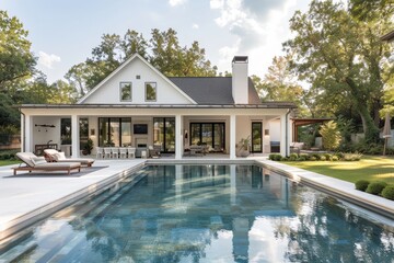 Modern farmhouse pool house with outdoor dining area and large white building in backyard. Elegant backyard scene with daytime lighting.