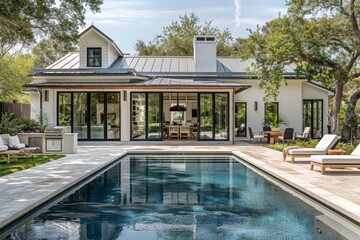 Fototapeta premium Modern farmhouse pool house with outdoor dining area and large white building in backyard. Elegant backyard scene with daytime lighting.