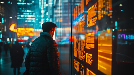 A man captivated by neon displays in a bustling city at night, exploring technology and urban life