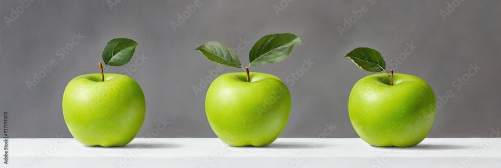 Poster Three Green Apples on a White Table - Three green apples with leaves sit on a white table against a gray background. The apples symbolize health, freshness, simplicity, and growth.