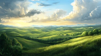 Fototapeta premium a fantasy landscape of rolling hills and open plains