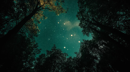 Fototapeta premium scene in the night sky, A green-toned night sky filled with twinkling stars, night time, green forest