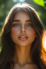 Obraz premium A woman with long brown hair and blue eyes in the sunlight